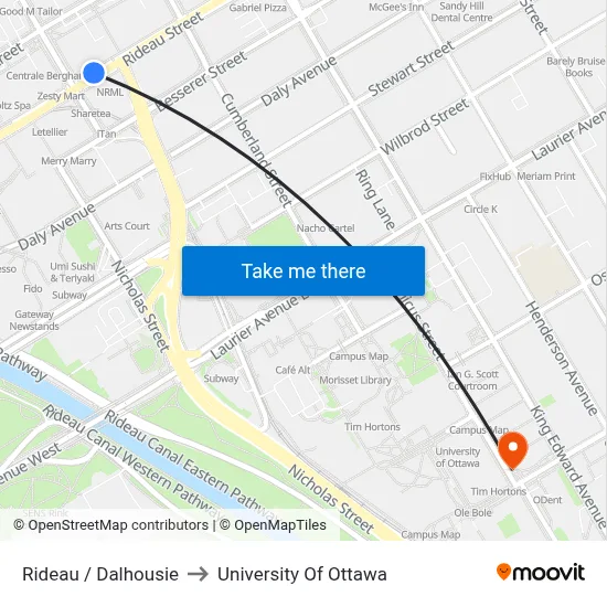 Rideau / Dalhousie to University Of Ottawa map