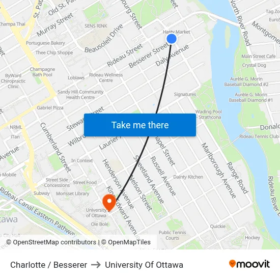 Charlotte / Besserer to University Of Ottawa map