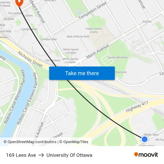 169 Lees Ave to University Of Ottawa map
