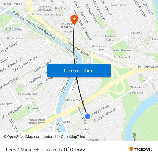 Lees / Main to University Of Ottawa map