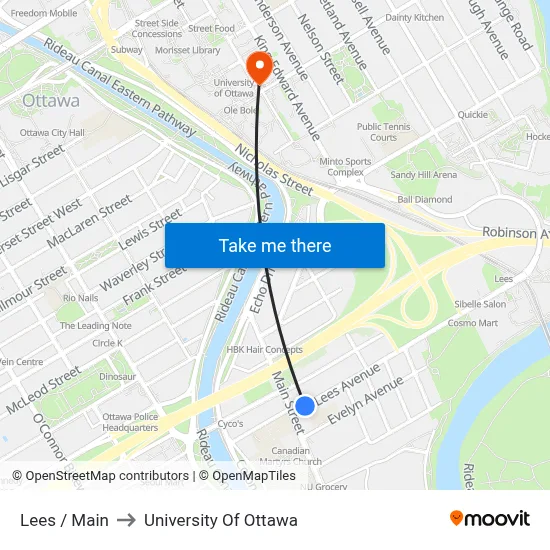 Lees / Main to University Of Ottawa map