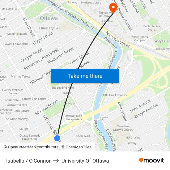 Isabella / O'Connor to University Of Ottawa map