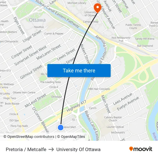 Pretoria / Metcalfe to University Of Ottawa map