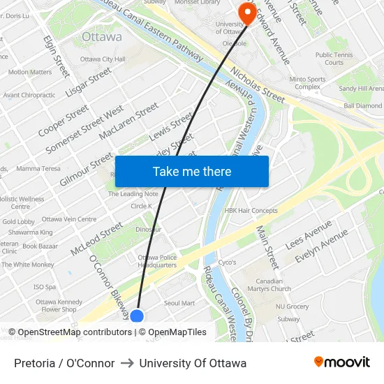 Pretoria / O'Connor to University Of Ottawa map