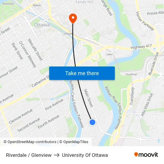 Riverdale / Glenview to University Of Ottawa map