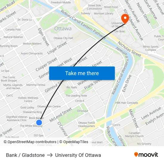 Bank / Gladstone to University Of Ottawa map