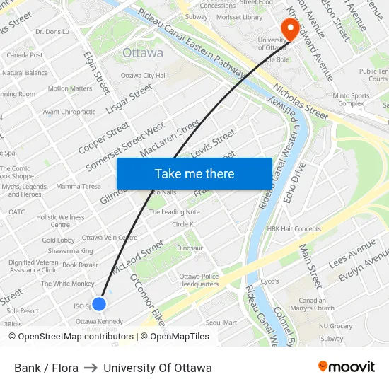 Bank / Flora to University Of Ottawa map