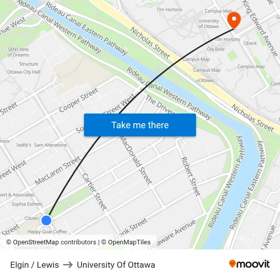 Elgin / Lewis to University Of Ottawa map