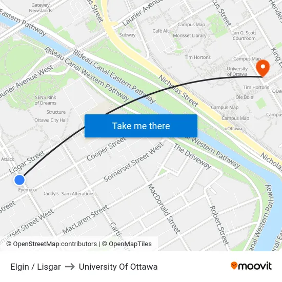Elgin / Lisgar to University Of Ottawa map