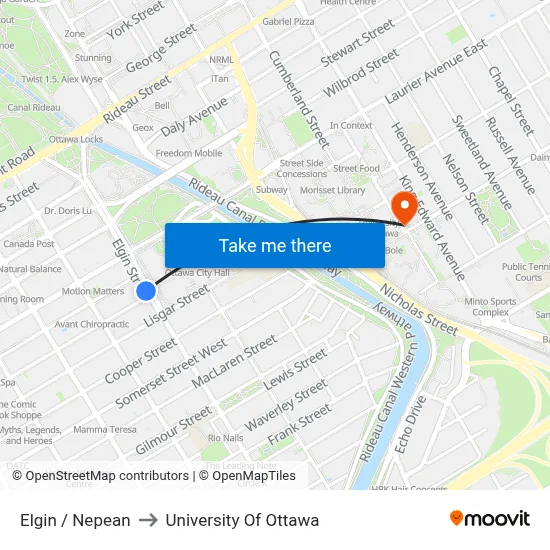 Elgin / Nepean to University Of Ottawa map