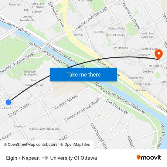 Elgin / Nepean to University Of Ottawa map