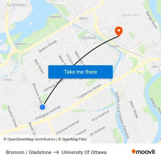 Bronson / Gladstone to University Of Ottawa map