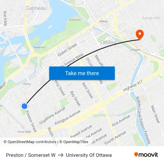Preston / Somerset W to University Of Ottawa map