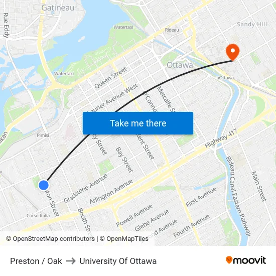 Preston / Oak to University Of Ottawa map