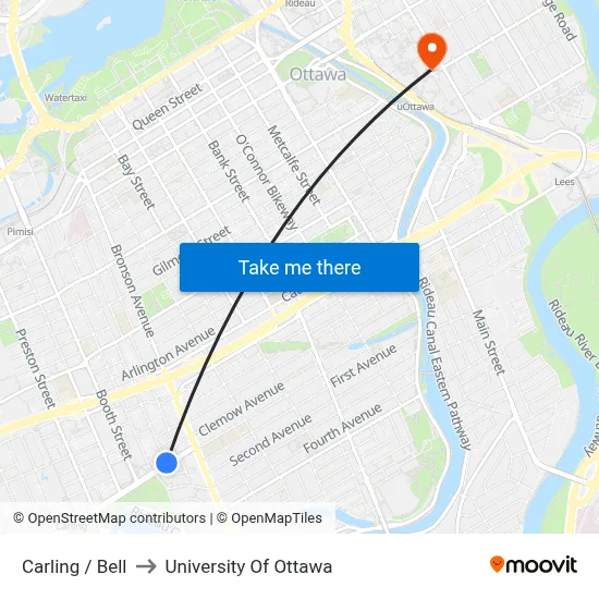 Carling / Bell to University Of Ottawa map
