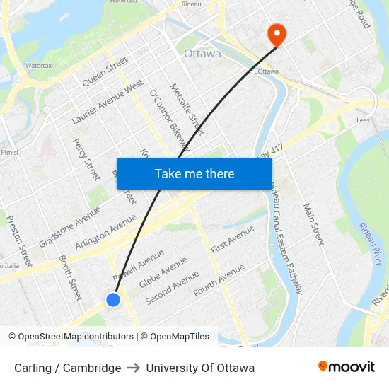 Carling / Cambridge to University Of Ottawa map