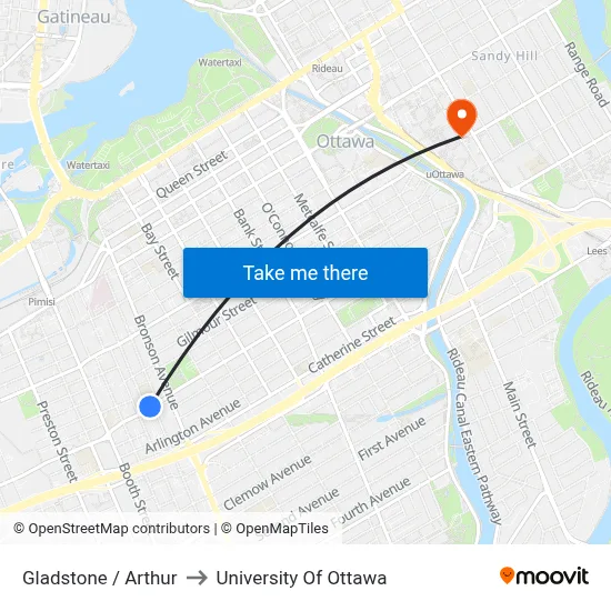 Gladstone / Arthur to University Of Ottawa map