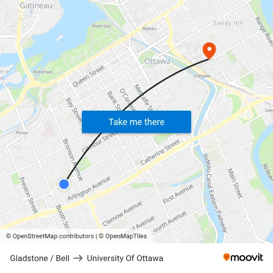 Gladstone / Bell to University Of Ottawa map