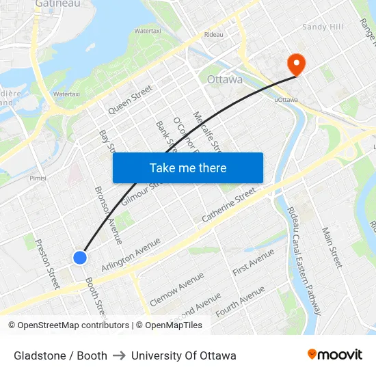 Gladstone / Booth to University Of Ottawa map