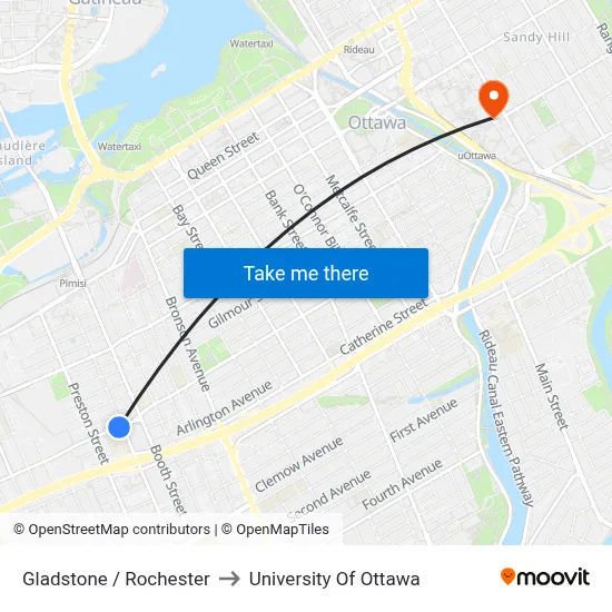 Gladstone / Rochester to University Of Ottawa map