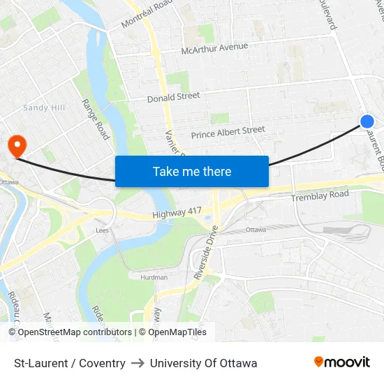 St-Laurent / Coventry to University Of Ottawa map