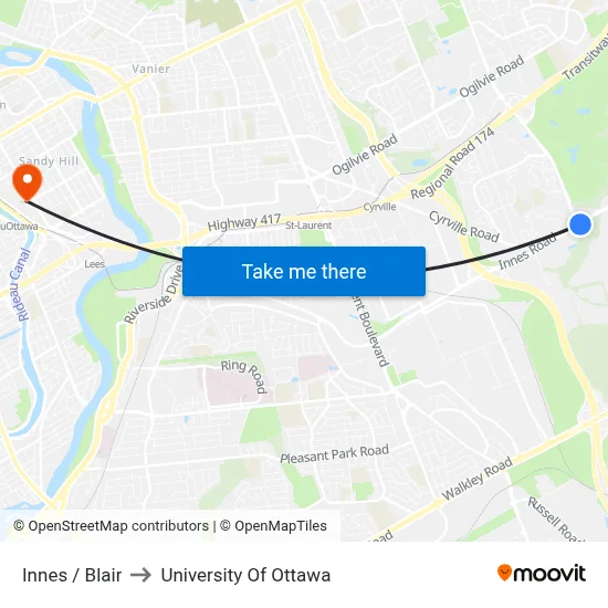 Innes / Blair to University Of Ottawa map