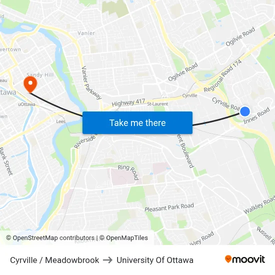 Cyrville / Meadowbrook to University Of Ottawa map