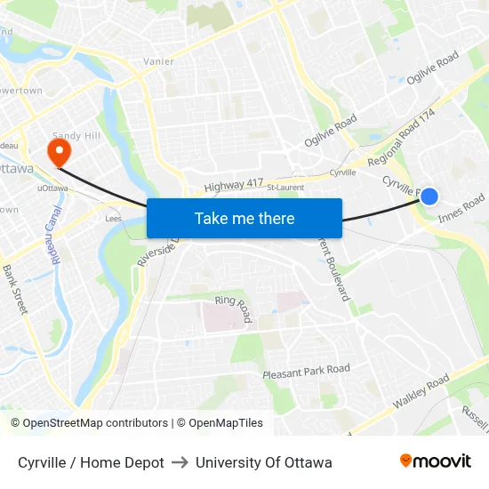 Cyrville / Home Depot to University Of Ottawa map