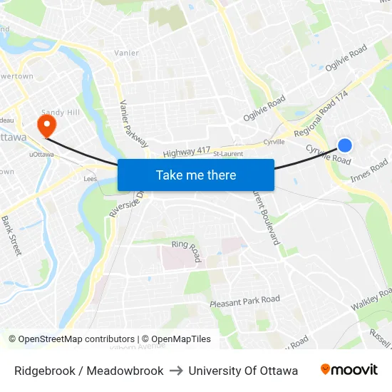 Ridgebrook / Meadowbrook to University Of Ottawa map