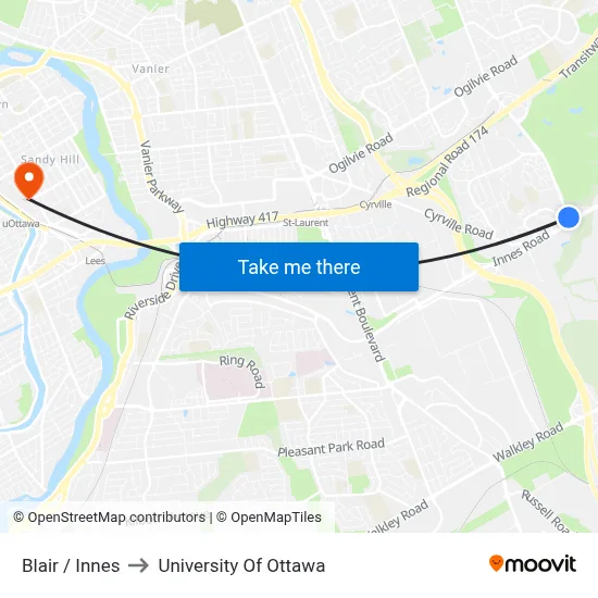 Blair / Innes to University Of Ottawa map