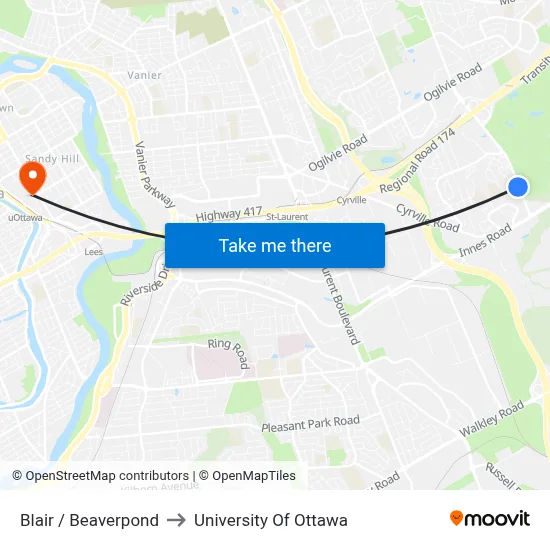 Blair / Beaverpond to University Of Ottawa map