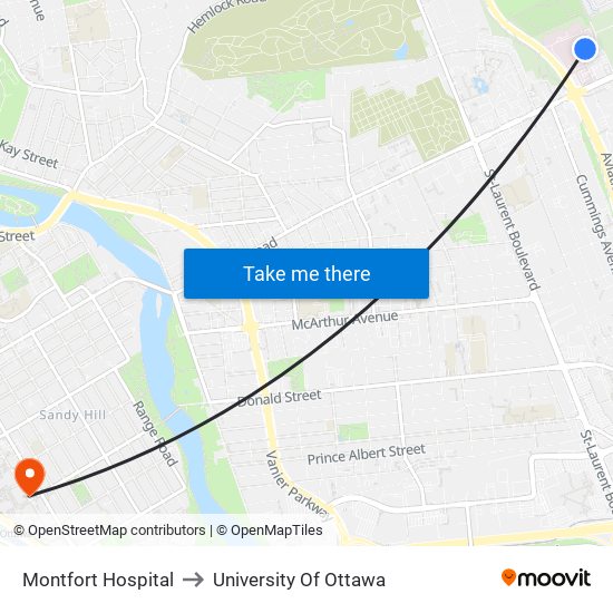 Montfort Hospital to University Of Ottawa map