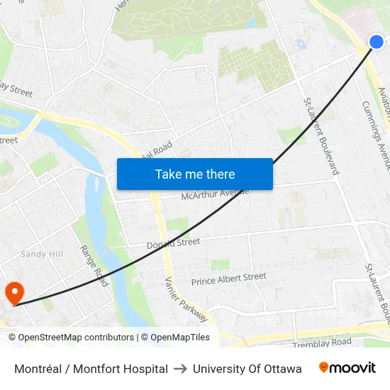 Montréal / Montfort Hospital to University Of Ottawa map