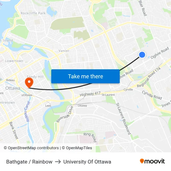 Bathgate / Rainbow to University Of Ottawa map