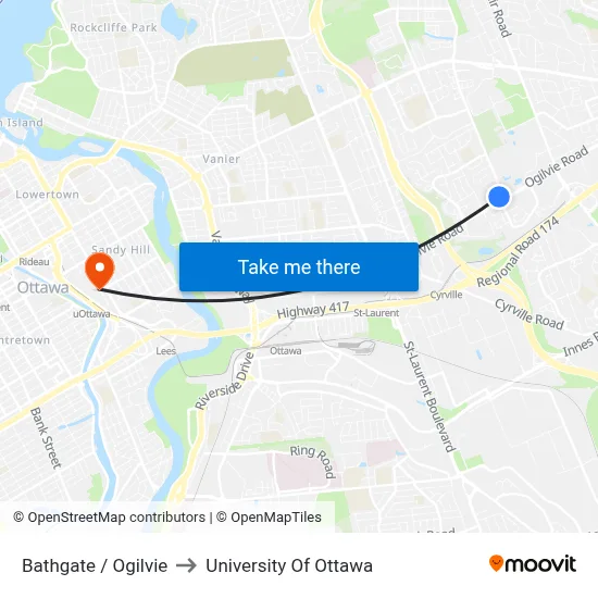 Bathgate / Ogilvie to University Of Ottawa map