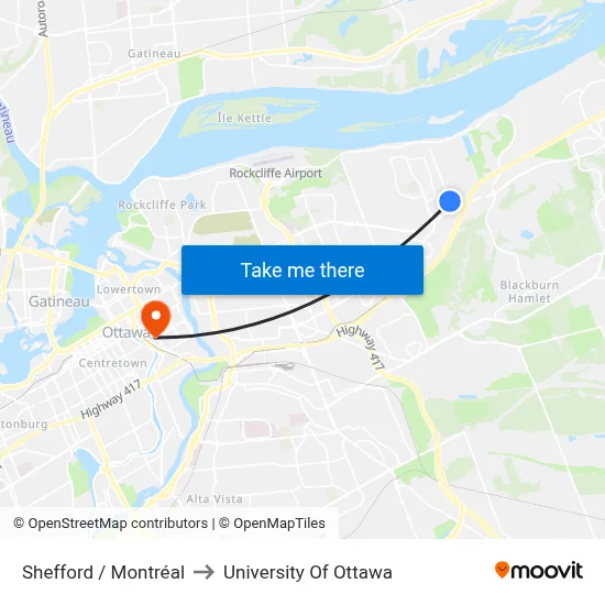 Shefford / Montréal to University Of Ottawa map
