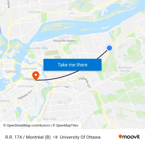 R.R. 174 / Montréal (B) to University Of Ottawa map