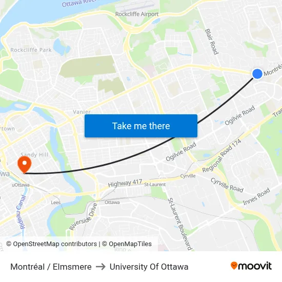 Montréal / Elmsmere to University Of Ottawa map