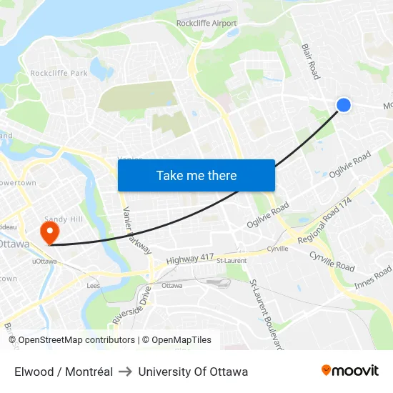 Elwood / Montréal to University Of Ottawa map