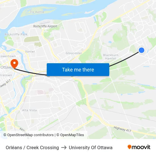 Orléans / Creek Crossing to University Of Ottawa map