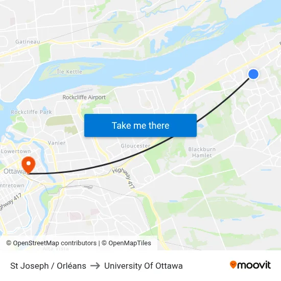 St Joseph / Orléans to University Of Ottawa map