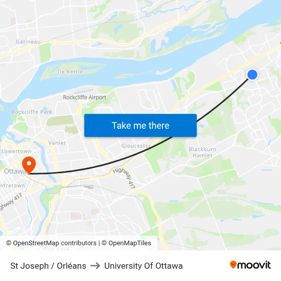 St Joseph / Orléans to University Of Ottawa map