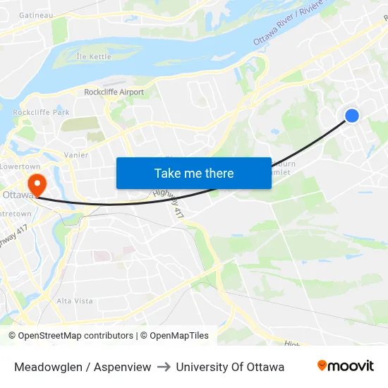 Meadowglen / Aspenview to University Of Ottawa map