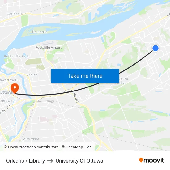 Orléans / Library to University Of Ottawa map