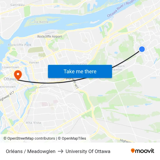 Orléans / Meadowglen to University Of Ottawa map