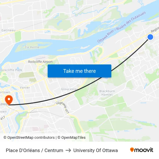 Place D'Orléans / Centrum to University Of Ottawa map
