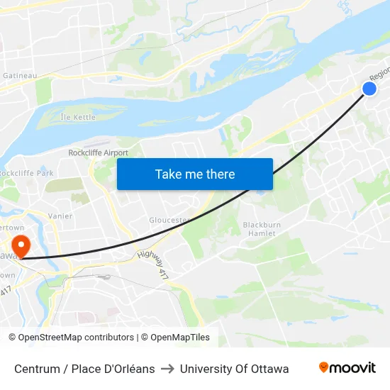 Centrum / Place D'Orléans to University Of Ottawa map