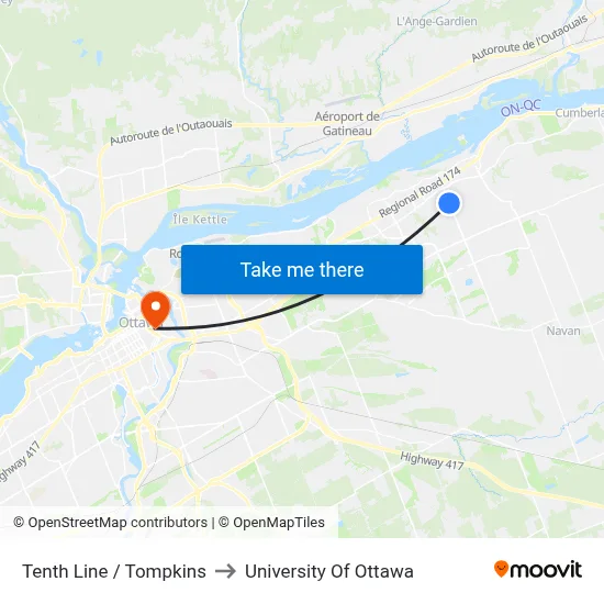 Tenth Line / Tompkins to University Of Ottawa map