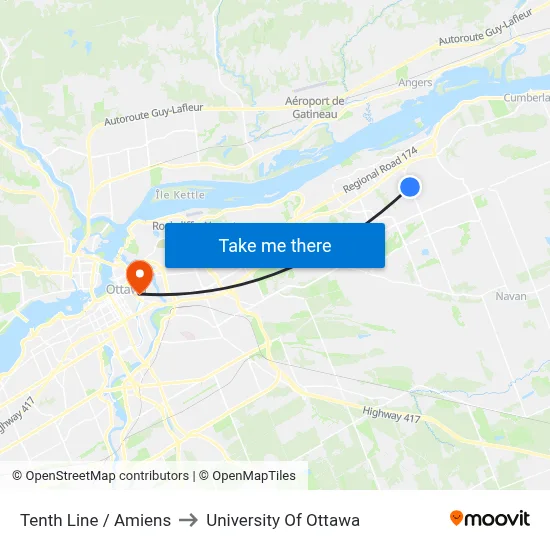 Tenth Line / Amiens to University Of Ottawa map