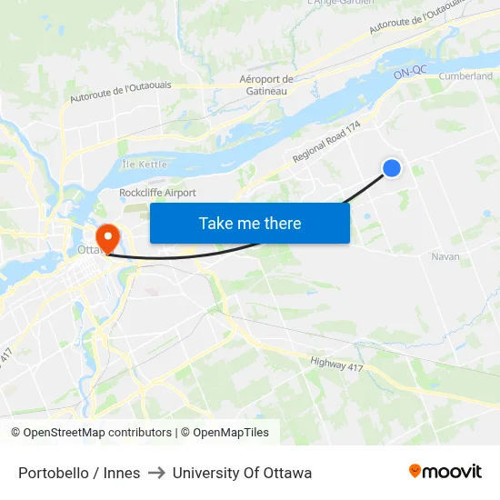 Portobello / Innes to University Of Ottawa map